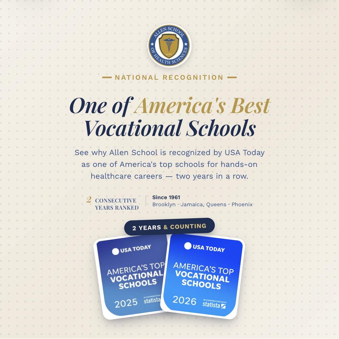 Featured image for post: Allen School of Health Sciences Named to USA TODAY’s America’s Top Vocational Schools for the Second Consecutive Year